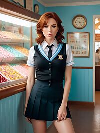 A mature woman with striking features surprises in a black school uniform at the local candy store
