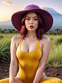 Tall enchanting woman with burgundy hair and small tits stands on Mount Kilimanjaro